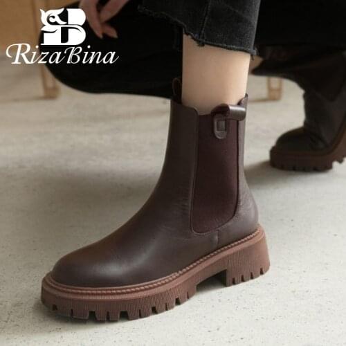RIZABINA Women Genuine Leather Ankle Boots Shoes Sqaure Heel Slip On Fashion Winter Autumn Cool Female Footwear Size 34-40