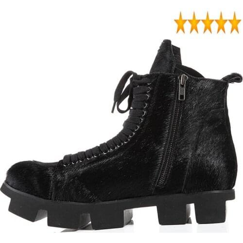 Bottom High Street Winter Thick Genuine Leather Mens Snow Horse Hair Fur Lace Up Zip Vintage Ankle Boots Calzado Hombre