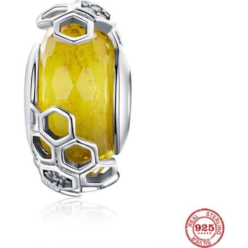 New 925 Sterling Silver Honeycomb Yellow Color Murano Glass Beads Fit Original Pandora Charm Bracelet Diy Jewelry Making