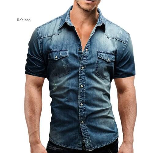 Men Spring Summer Denim Thin Shirt Short Sleeve Soft Cotton Two Pockets Slim Slight Elastic Jeans Cowboy Shirt Clothing