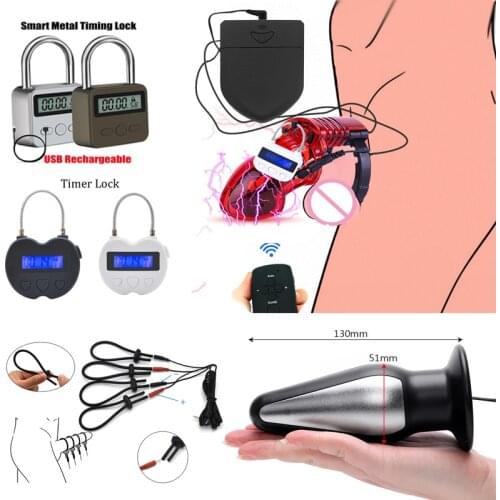 Electric Shock CB6000 Cock Cage Sex Ball Stretcher BDSM Timer Lock Chastity Belt E-stim Penis Rings Anal Plug SM Male Sex Tools