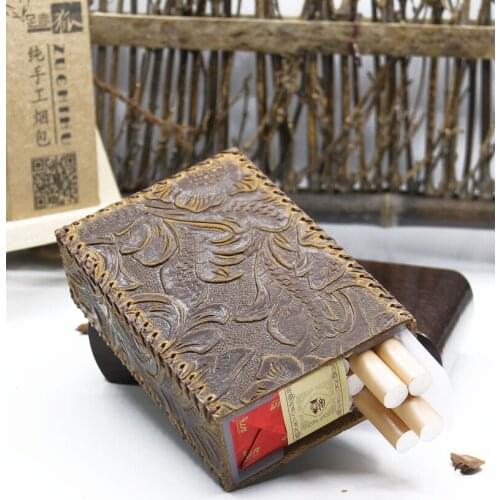 Vintage pattern personality Leather Cigarette Case Cowhide Can put a pack of cigarettes Smoking Accessories Gadget for Men