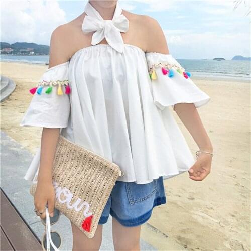 Alpha 2016 Summer Women New Beach Blouses Slash Neck Off-Shoulder Ruffle Sleeve Tassel Loose Casual Blouse