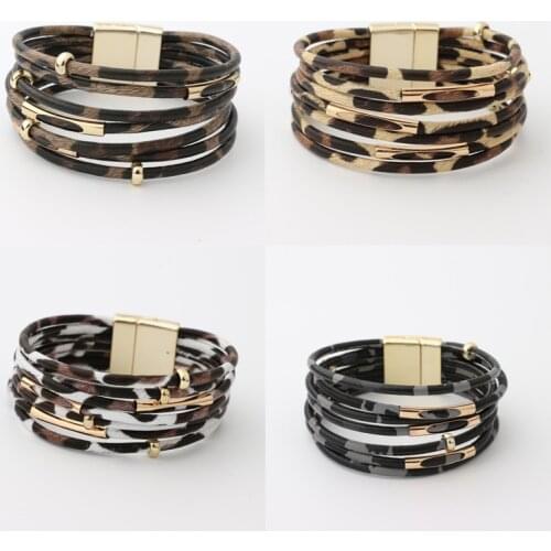 Fashion Multilayers Leopard Leather Rope Stacked Wrap Magnetic Hematite Clasps Bracelets for Women