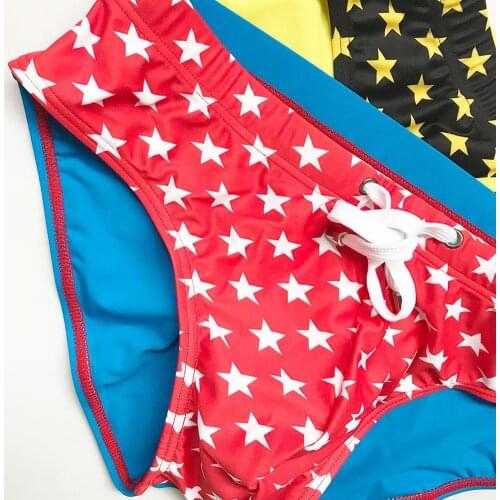 Men Spa Swimming Briefs Swimming Trunks Summer Beach Drawstring Star Print Swimming Pants Swimwear Briefs Underwear Swim Briefs