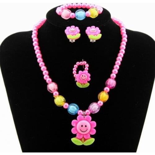 4Pcs Kids Baby Girl Kids Imitation Pearls Candy Bead Flower Necklace Bracelet Rings Earrings Jewelry Sets Children Gift JJAL T14