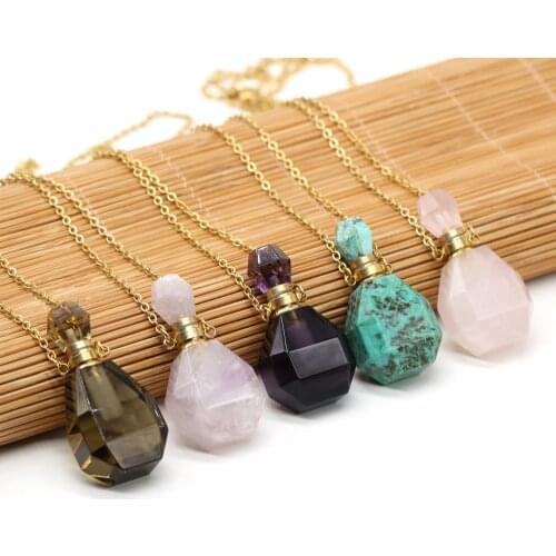 Natural Stone Agates Quartz Perfume Bottle Amethysts Necklace Pendant Essential Oil Diffuser Necklace Jewelry Gift 20x36x15mm