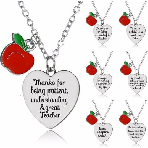 Teachers Day Gifts Charm Apple Love Heart Pendant Chain Necklace Teacher Jewelry Women Men Mom Dad Teachers Necklaces Presents