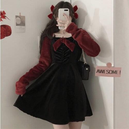 Christmas Red Contrast Color Mink-like Dress Womens Autumn Winter Japanese Vintage Bow Waist Slimming Midi sweet lolita dress