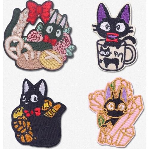 Cute Black Cat Embroidered Patches for Clothing Stickers Animal Iron On Patches For Clothes Cats Sew On Fabric Badges Stripe DIY