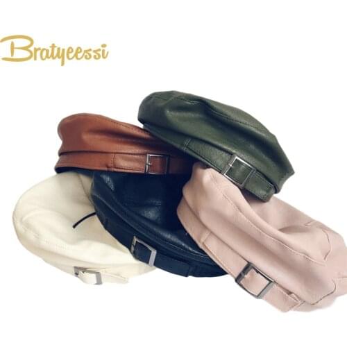 New Kids Hat for Girls Faux Leather Autumn Winter Kids Cap Adjustable Children Boys Hats Kids Beret Cap Accessories