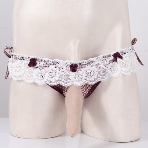 TiaoBug Men Sissy Gay Low Waist lace-Up Plaid Patchwork Lingerie Briefs Bulge Pouch Lace Trimming Underpants Underwear