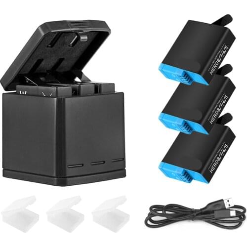 TELESIN 3 Way LED Battery Charger + 3 Battery Pack Charging Box Type-C Cable for GoPro Hero 8 7 6 Hero 5 Black Accessories Set