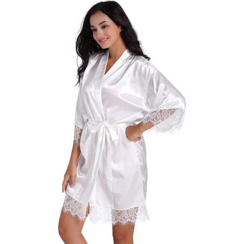 Wholesale Women Satin Kimono Robes Lace Bridesmaid Nightgown Dressing Gown For Wedding Party Birthday Spa S-XL T43