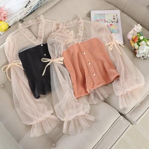 Women V-neck Bandage Strap Lantern Puff Sleeve Basic Ruffles Button Knitted Shirt Female Short Elastic Slim Pullover Blouse Tops