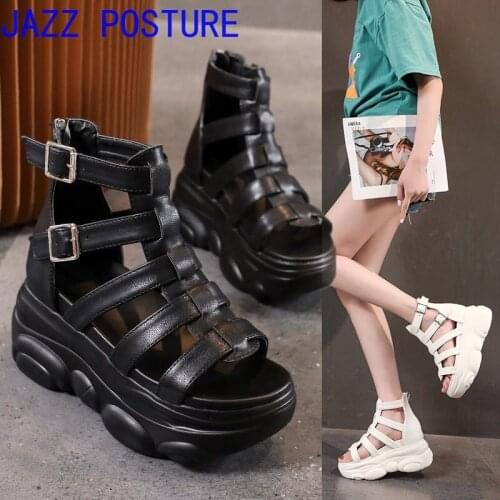 Womens gladiator sandals in-line black platform sandals with back zipper black w155