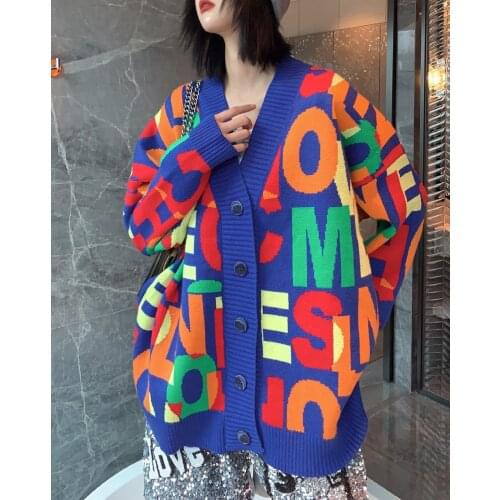 AZYT 2021 Autumn Winter Oversized Cardigan Women Sweater Jacket Letter Print Loose V Neck Knitwear Cardigan Female Pull Femme