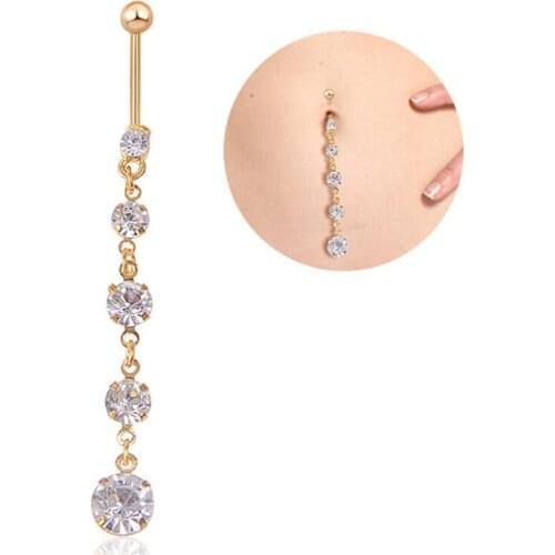 Round Five Small Zircon Navel Ring Long Section Fashion Stainless Steel Belly Chain For Women Sexy Body Piercing Jewelry