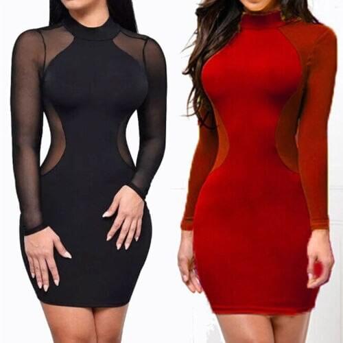 Mesh Patchwork Sexy Night Club Dress Women Bandage Bodycon Slim Long Sleeve Evening Party Pencil Mini Dresses Vestidos Autumn
