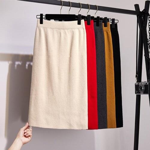 Winter Skirts Thickening Wool Blend Split Mid Knitted Skirt Cashmere Warm Hip Slim Mid-calf Knit Skirts