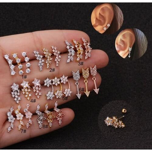 1Pc 20g Long Flower Surgical Steel Ear Barbell Screw Piercing Back Crown CZ Dangle Tragus Daith Helix Snug Piercing Jewellery