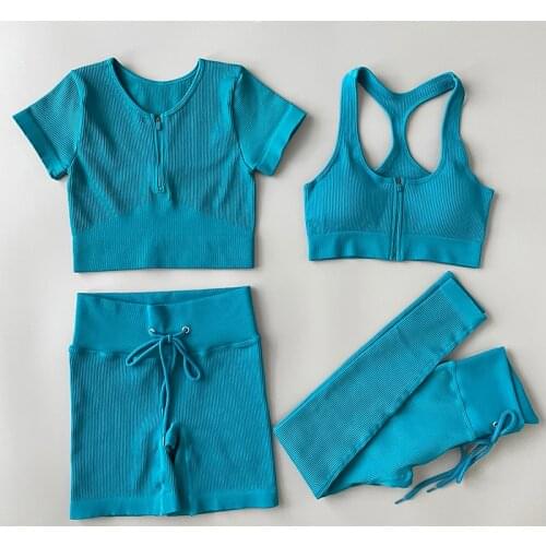 2/4PCS Seamless Yoga Clothing Set Women Short Sleeve Crop Top Fitness Bra With Zipper High Waist Leggings/Shorts Sports Suits