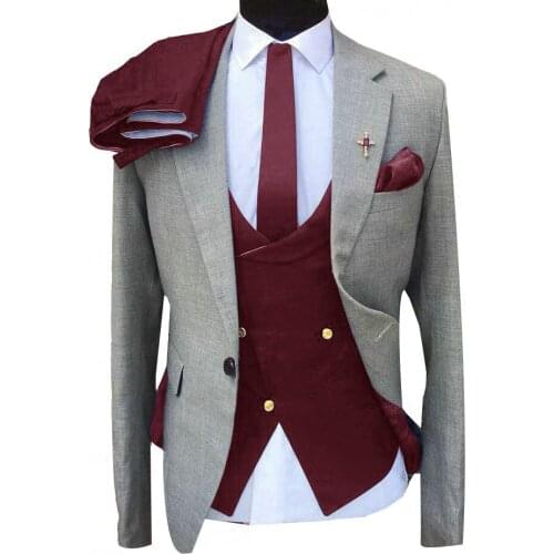 2021 Formal Mens Suits 3 Piece Custom Made Grey Business Blazer Tuxedo Wedding Groom Suit Burgundy Double Breasted Vest Pant