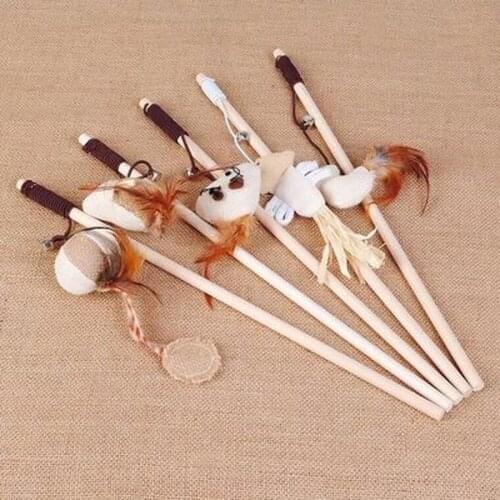 40cm Pet Cat Teaser Toys Feather Linen Wand Cat Catcher Teaser Stick Cat Interactive Toys Wood Rod Mouse Toy With Mini Bell