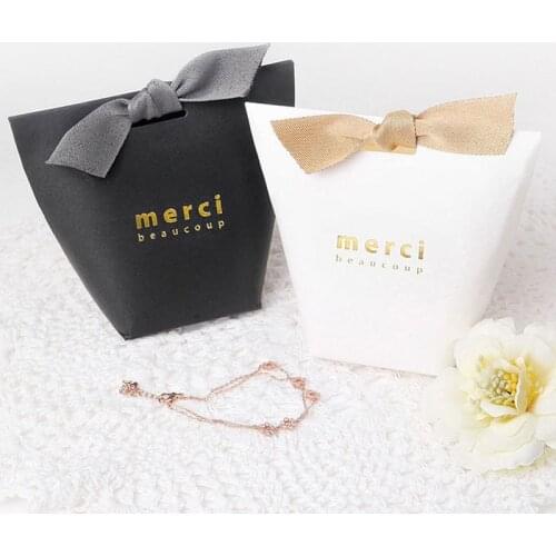5pcs/lot (12x10cm) 3 color Bronzing "Merci" Candy Bag French Thank You Wedding Favors Gift Box Package Birthday Party Favor Bags