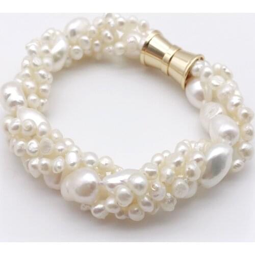 Natural breeding Real freshwater pearl white irregular 6-10 mm 4 rows pearl bracelet 20CM magnet clasp