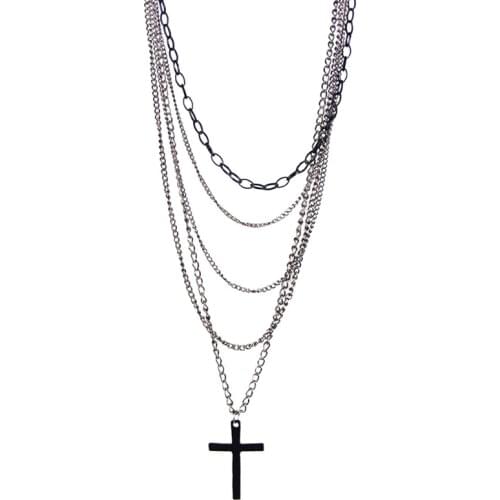 Fashion Retro Multi-layer Chain Pendant Black Cross Metal Long Necklace Gift