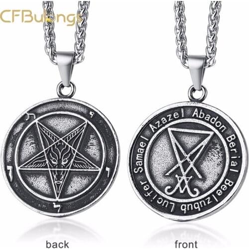 CFBulongs Retro Baphomet Demon Double-sided Lucifer Pendant Stainless Steel Mens Hip Hop Rock Pentagram Chain Fashion Jewelry