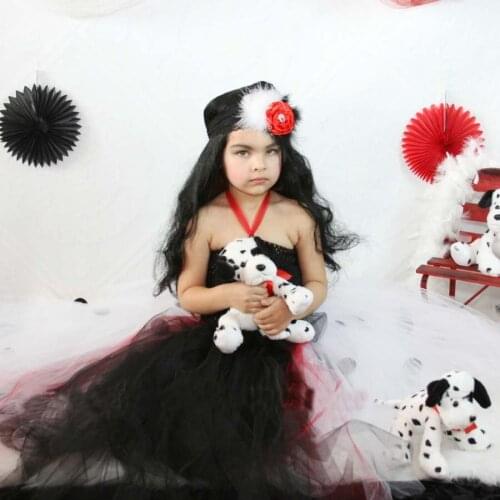 Girls Black White Dalmatian Tutu Dress Baby Crochet Tulle Dress Ball Gown with Feather Flower Hairbow Kids Party Costume Dresses