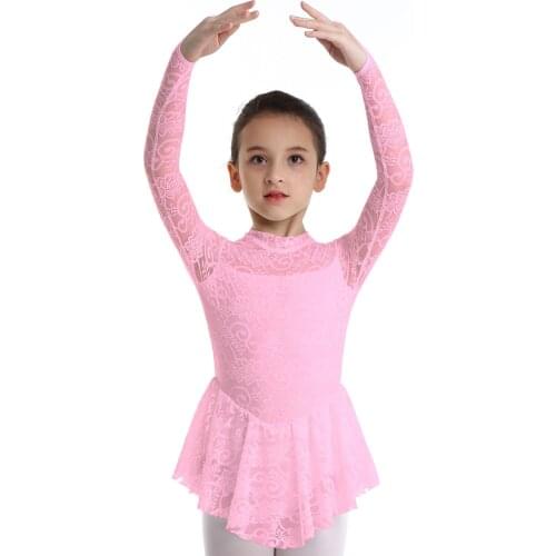 Kids Girls Dancewear Dance Leotard Dress Long Sleeves Mock Neck Floral Lace Figure Ice Skating Roller Ballet Outfit Costume