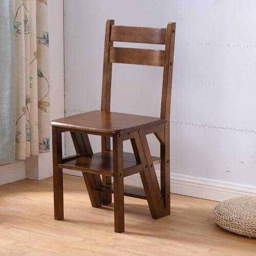Household Dining Chair with Backrest Multi-function Foldable Solid Wood Stool Dual Purpose Wooden Ladder Kitchen Step Stool