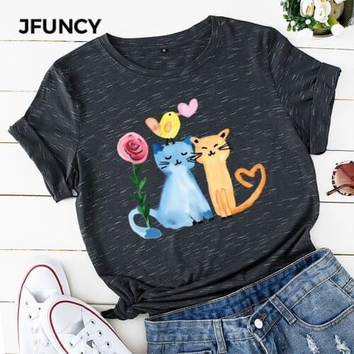 JFUNCY 100% Cotton Womens Tshirt Oil Painting Happy Cats Printed Shirts Summer Plus Size Short Sleeve Woman Tees Tops Dropship