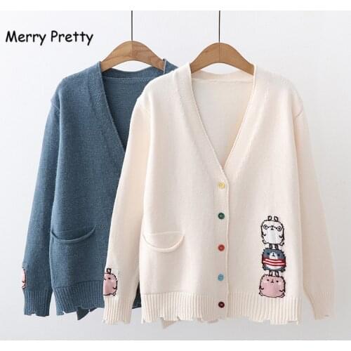 Merry Pretty Fall Winter Preppy Style Cartoon Embroidery Cardigans Women Jacquard knitting Single-breasted Girl Sweaters Outwear