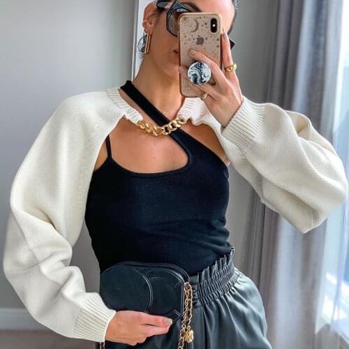 Hirigin Knitted Cardigans Sweater Women Long Sleeve Metal Chain Hollow out Top Autumn Casual Sexy Streetwear Female Sweater