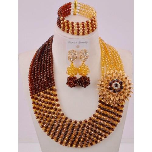 Brown and Gold AB Crystal Beaded Necklace Jewelry Set African Beads for Women Nigerian Wedding Accessories