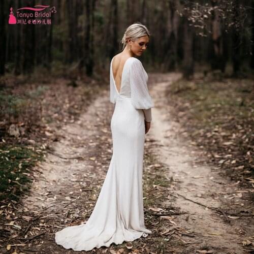 Mermaid lace Wedding Dresses Full sleeve V-Neck Simple Elegant Bridal Gowns Beach Noivas chic ZW294
