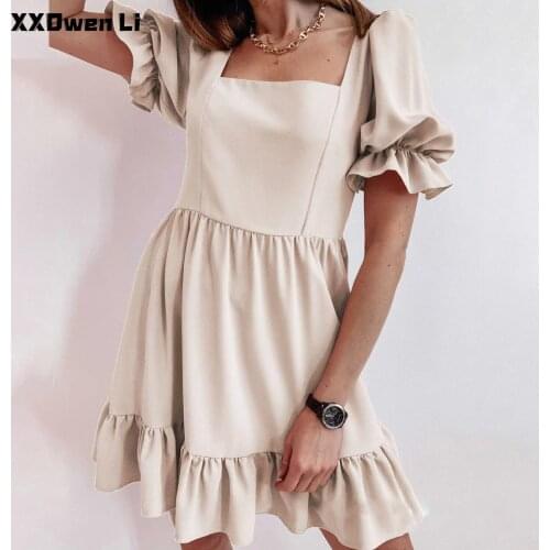 Summer Pure Color Puff Short Sleeve Mini Dresses For Women Casual Square Collar Patchwork Ruffles Dress Elegant Office Lady