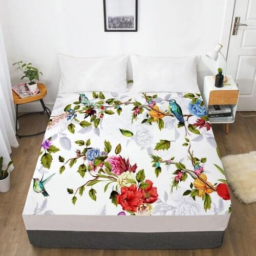 1 PCS 3D Printed Birds And Flowers Soft Fitted sheet With Elastic Band solid Bed Sheet Cover-Wrinkle Abrasion Resistant Sheets