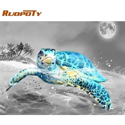 RUOPOTY Frame DIY Oil Painting By Numbers For Adults Sea Turtle Drawing Coloring By Numbers Animals Handmade For Home Decor