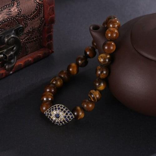 2019 New Fashion Micro Inset Zircon Eye Elastic Bracelet Jewelry 8mm Natural Tiger Eye Beads Bracelet Personality for Men Women