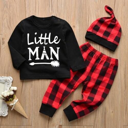New Arrival Infant Baby Clothing Sets Fall Outfits With Hat 3 Piece Sets Stylish Plaid Toddler Clothes For Little Boys