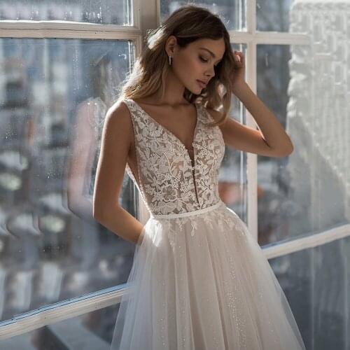 Fivsole A Line Lace And Tulle Bridal Gowns 2021 Deep V-neck Backless Glitter Skirt Wedding Dress Beaded Belt Vestido De Noch