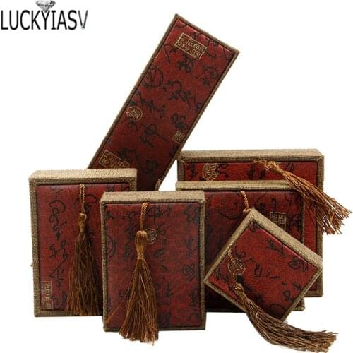 Tassel Box For Ring Pendant Bracelet Necklace Jewelry Gift Box Retro Red Linen Calligraphy Chinese Red Gift Box For Wedding