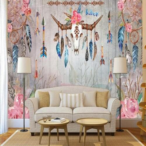 Drop Shipping Photo Wallpaper Hand Painted Indian Tribal Style Feather Watercolor Deer Skull Mural Living Room Bedroom Wallpaper