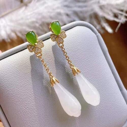 Sterling Silver S925 Inlaid Natural Hetian Jade White Magnolia Flower Ear Studs Long Earrings Elegant and Ethnic Style Retro Wom