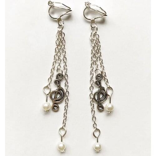 Fake Pearl Earrings Clip On Artificial Pearls Beads Earrings Music Symbols Layered Long Tassel Clip-on Earrings for Women